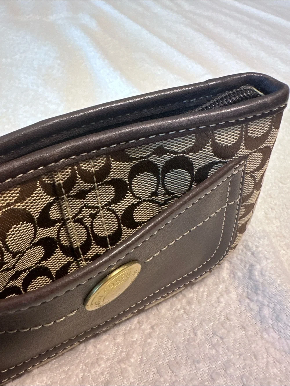 Coach Mini Signature Jacquard Canvas Wristlet in Brown and Dark Brown